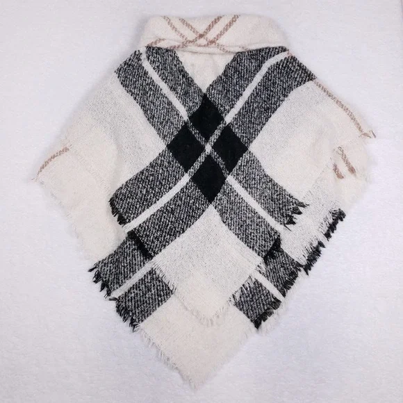 Sonoma Poncho Hooded Plaid Toggle One Size Cream Black Fall Cozy Cottagecore - Picture 7 of 10